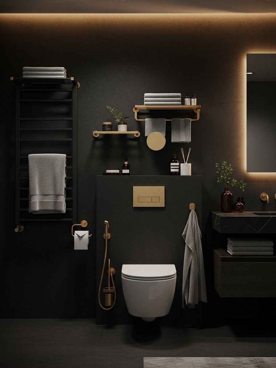 Dark, warmly lit modern bathroom